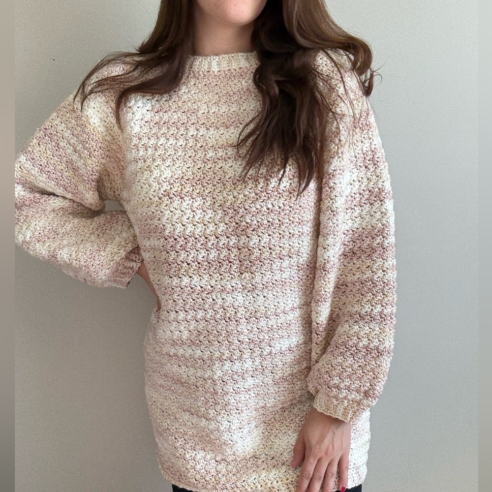 Handknit Crochet Woven Sweater Yellow/Pink/White Balloon Flowy Sleeves L/XL